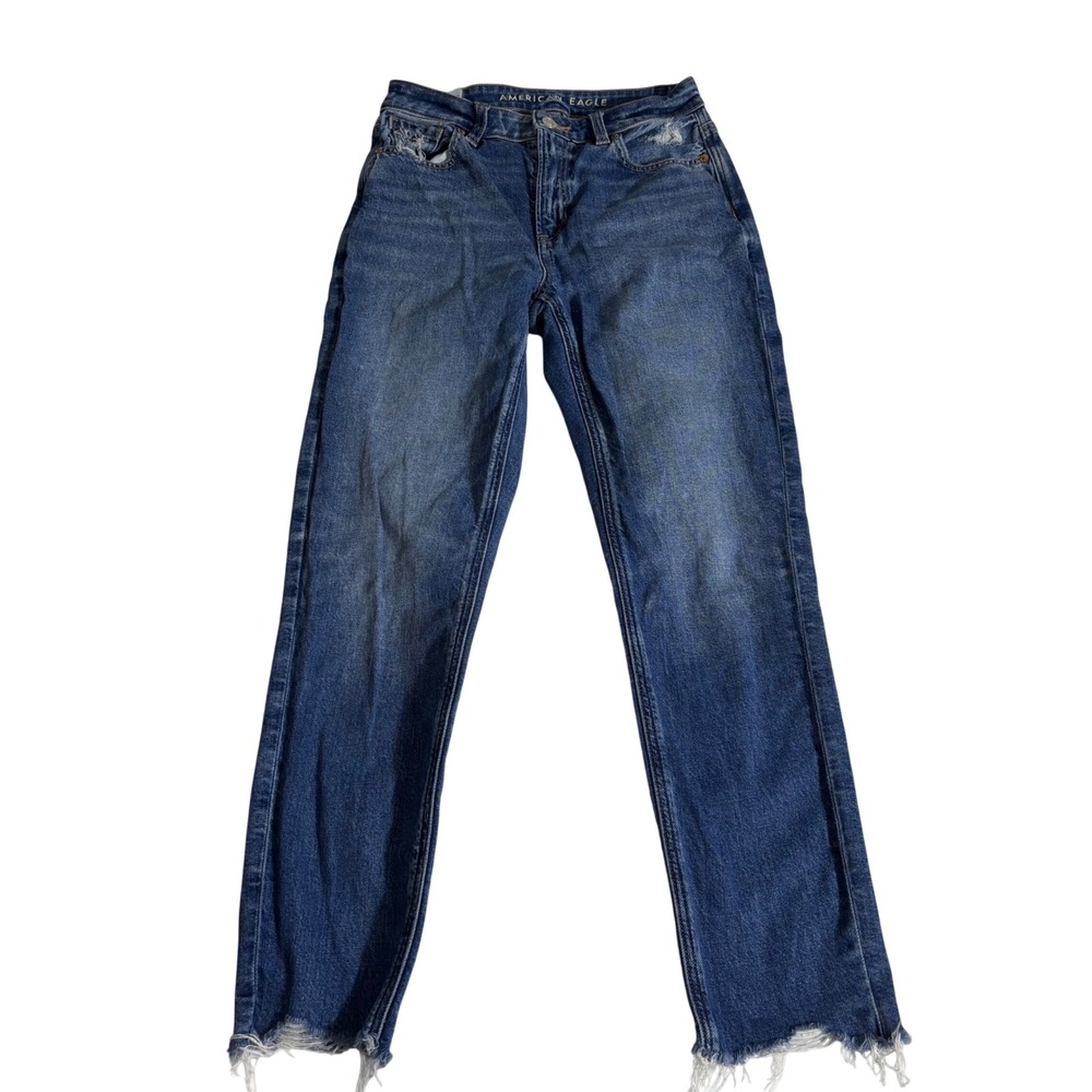 American Eagle Strigid Mom Jeans Blue Distressed Raw Hem 00 Short High Rise